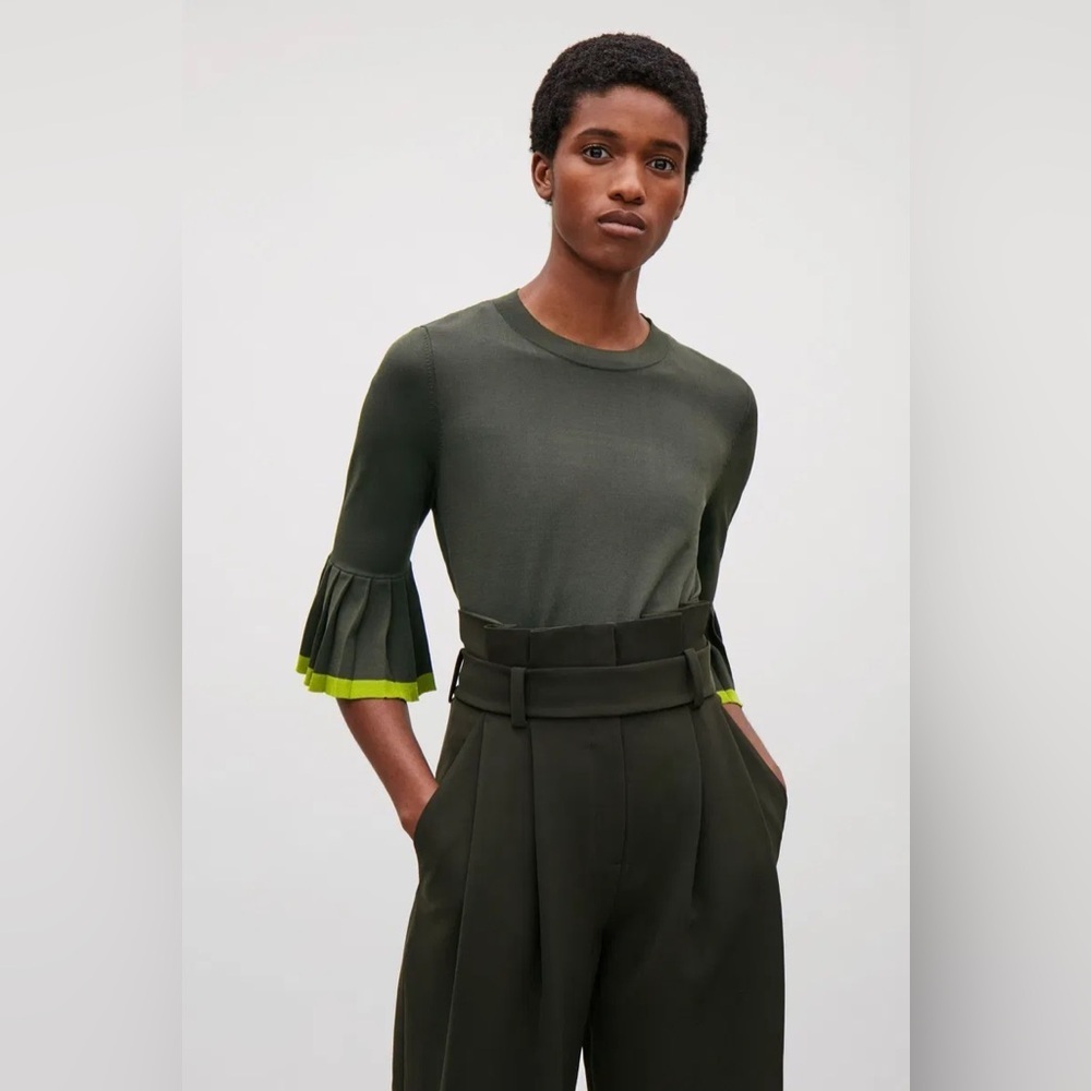 COS - Dark Green 3/4 Pleated Bell Ruffle Sleeves Top with Lime Accents